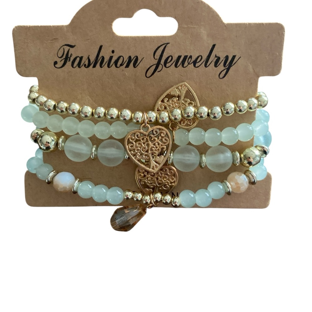 Chic Gold and Aqua Beaded Bracelet Set